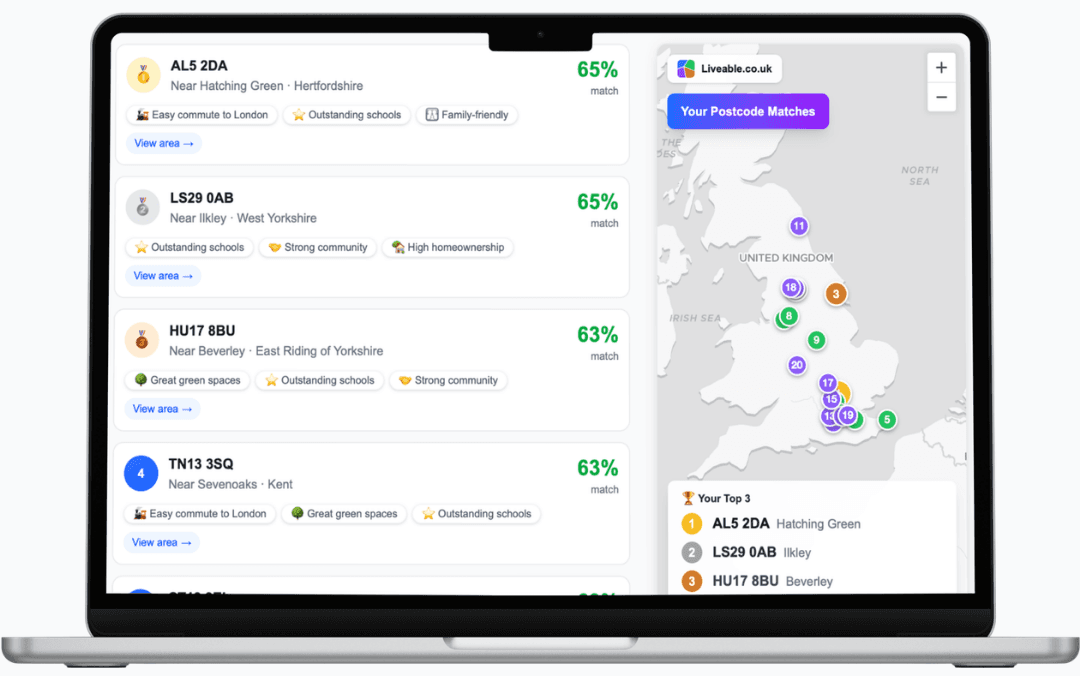 Match results preview showing a personalised map and ranked postcodes