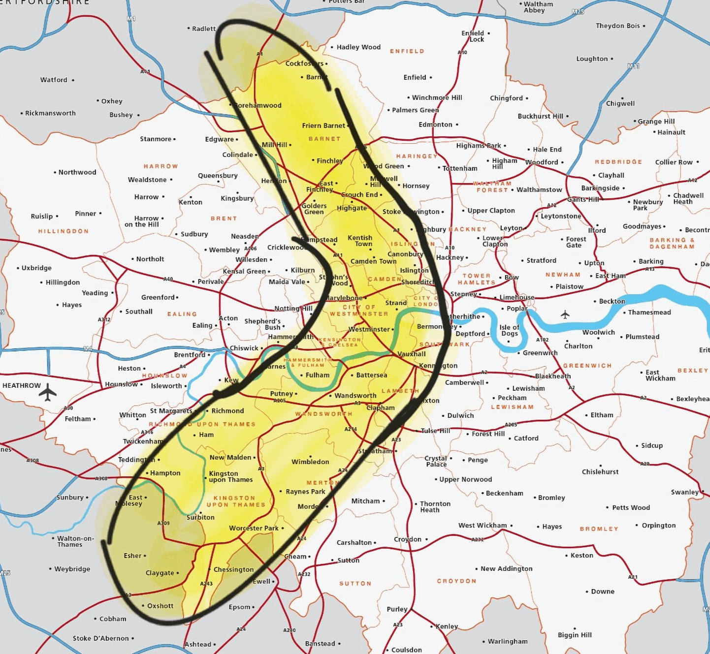 London Banana pattern highlighted on map