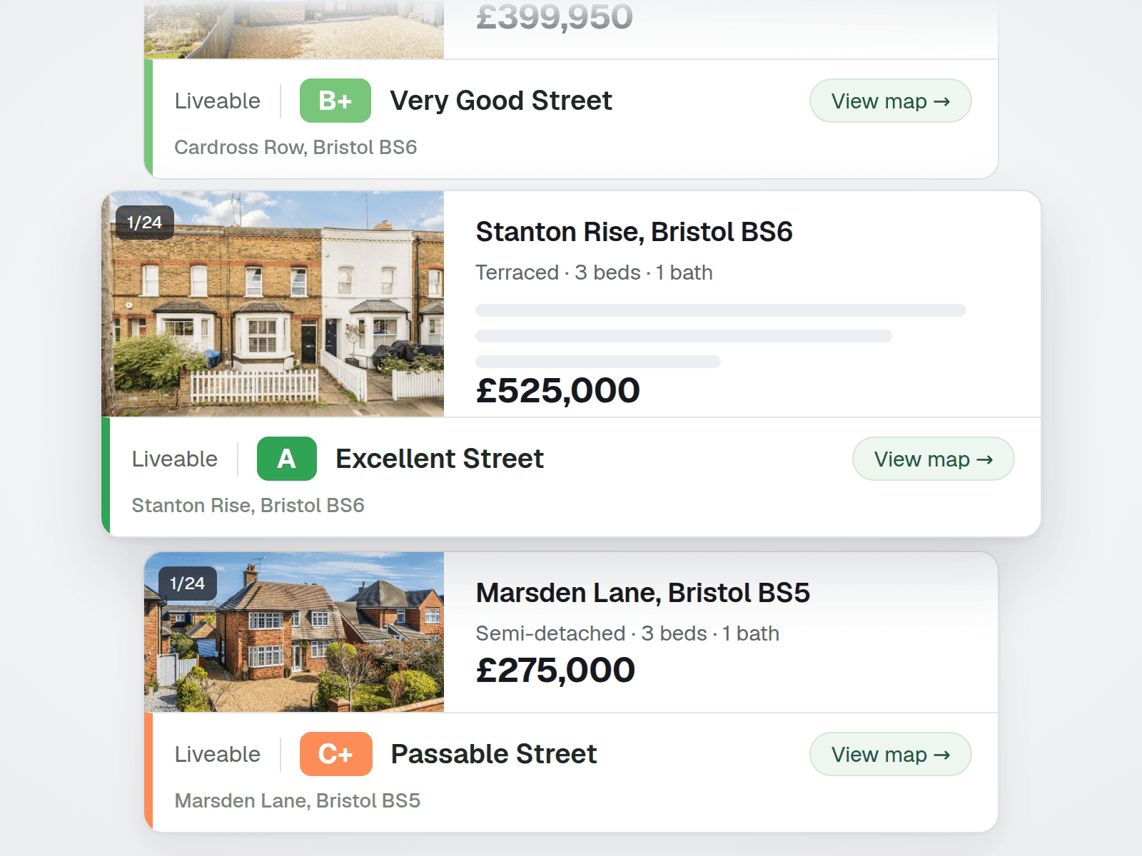 Rightmove-style property listings with the Liveable bar beneath each one, grading the street A Excellent, B+ Very Good and C+ Passable, each with a View map link