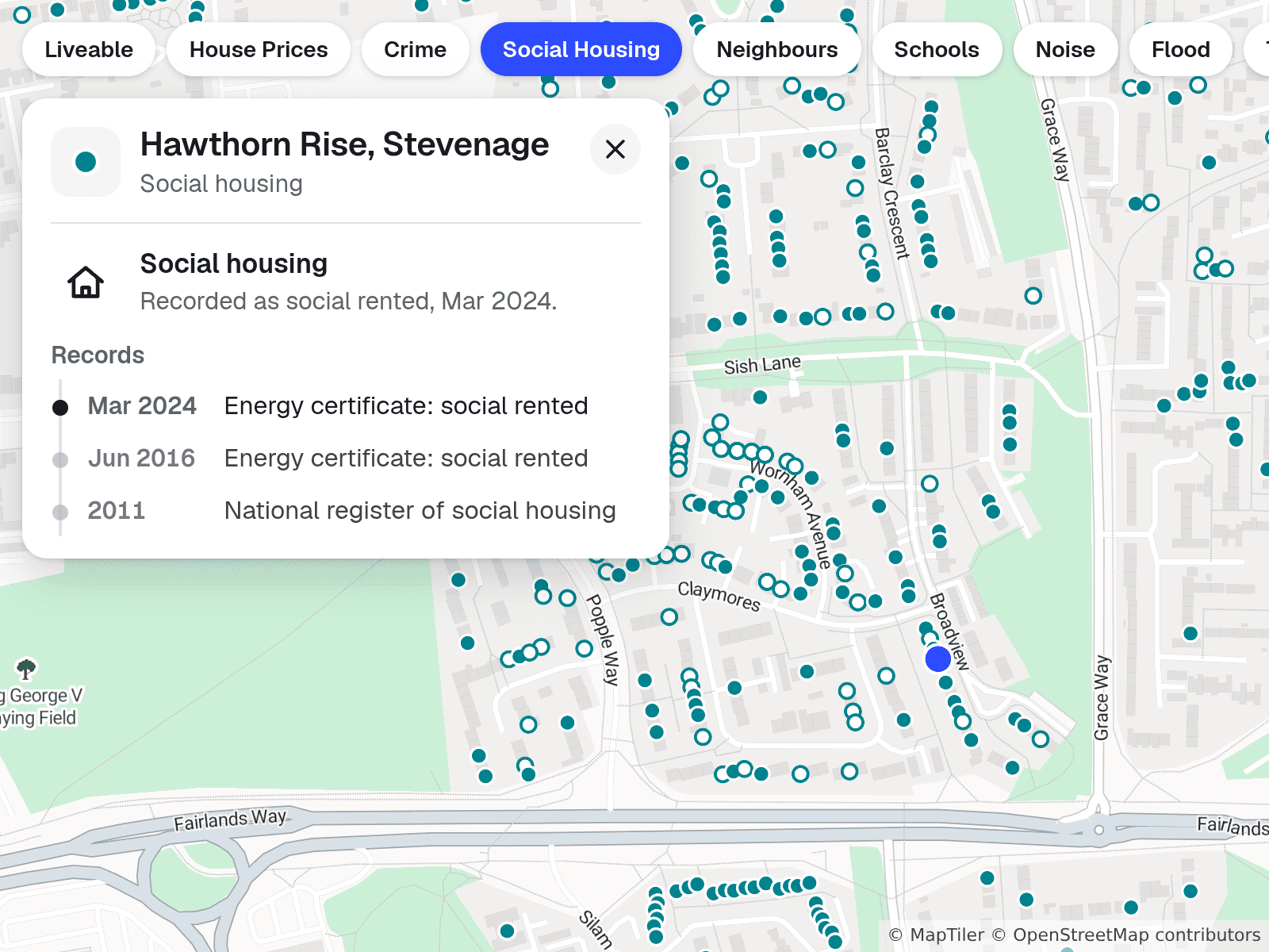 The Liveable map with the Social Housing layer on: teal marks over a housing estate and a home card reading Social housing, recorded as social rented, with its dated records beneath